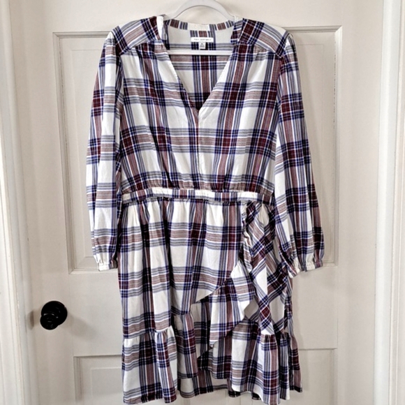 Free Assembly Plaid Ruffled Waist Dined Flowy Pockets Cotton Short Dress - Picture 1 of 10